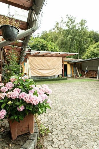 Landhaus Generationenhof mit bis zu 10 ha Land und Bachlauf – Innenhof mit Pool