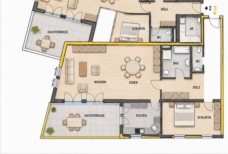 Sehr großzügige 119 m² Wohnung mit fantastischer Dachterrasse – Grundriss Schaubild