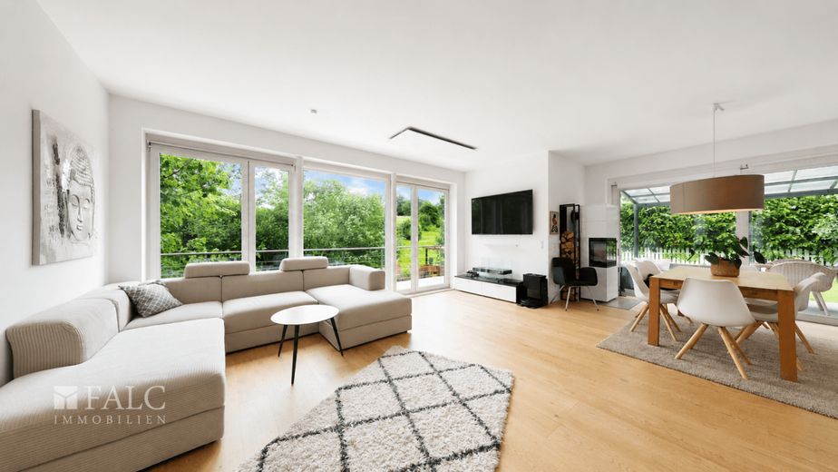 Liebhaberobjekt mit unverbaubarem Naturblick - Architektenhaus mit Pool + Sauna Wohnen mit Ausblick – Wohnzimmer