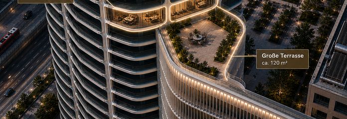 GRAND TOWER UNIEK | Het enige appartement met een privéterras van ca. 121 m² – Vogelperspektive