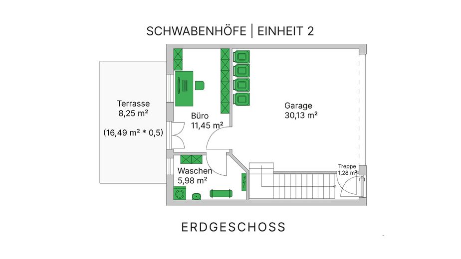 Eenheid 2 – Rijtjeshuis in landelijke stijl met tuin & dubbele garage | KfW-40-QNG, bouw gestart – EG / Einheit 2