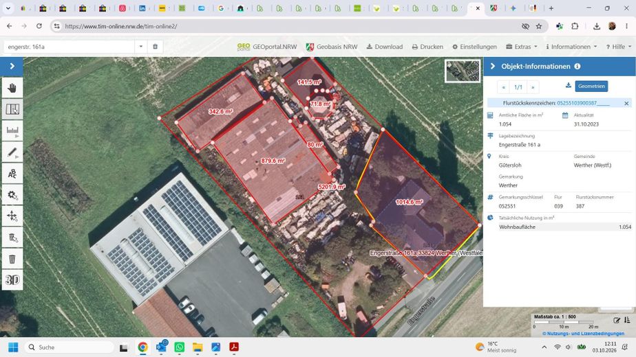 Magazzino + capannone di produzione + edificio adibito a uffici + edificio accessorio + area libera + edificio plurifamiliare + inventario – Maße & Daten Flurstück