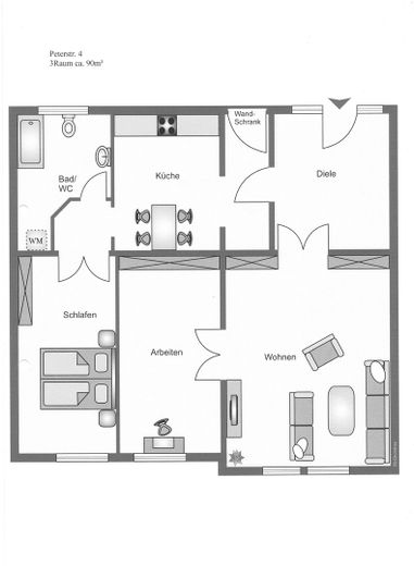 3 Zimmer mit anliegender überdachter Terrasse in der historischen Altstadt – Grundriss 3 Zimmer Wohnung 
