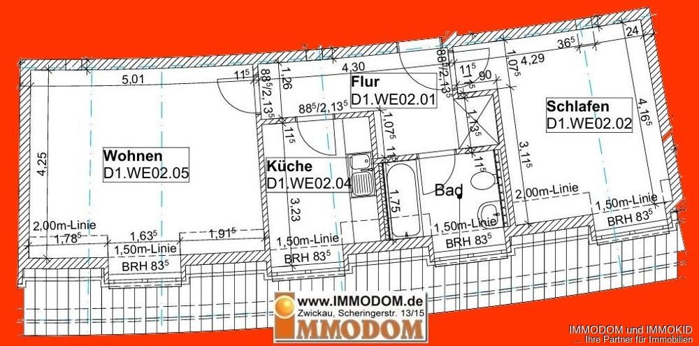 2-Zimmer-Wohnung in Zwickau im Dachgeschoss und mit Personenaufzug – Grundriss