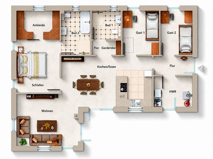 Nowoczesny bungalow KfW-40 – 125 m² powierzchni mieszkalnej, działka 811 m² i duży ogród – Flächenplan