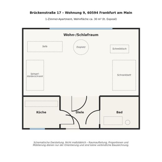 Voll möbliertes 1-Zimmer-Apartment in Sachsenhausen – 999 € all-inclusive, sofort frei – Grundriss (nicht maßstäblich)