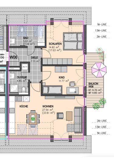 Penthouse mit Einbauküche – Grundriss unvb. Darstellung