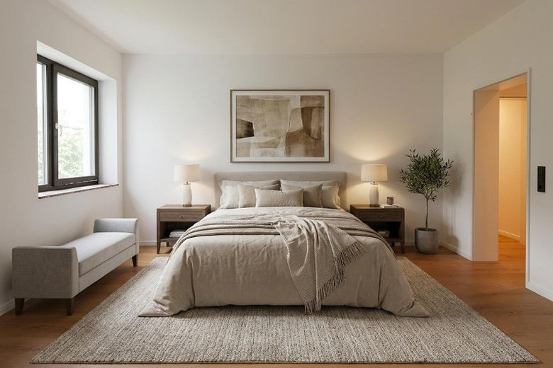 Erstbezug nach Sanierung: Barrierearme 2-Zimmer-Wohnung, Balkon & Tiefgarage in Bestlage Iserlohns – Schlafzimmer möbliert