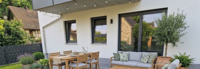 Maisonette Wohnung 71m² + 65m² Souterrain eigene Haustüre Erstbezug 2199€ warm inkl. Küche, Carport – Beispiel Terrassengestaltung