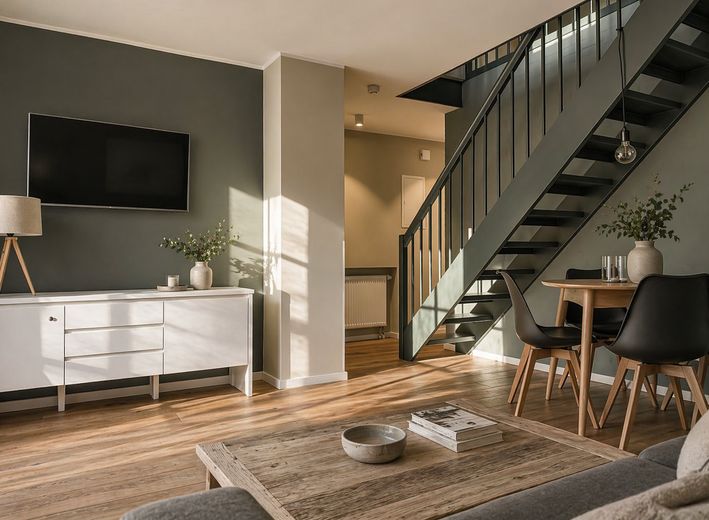 NEUER PREIS: Reetdachhaus mit 3 FeWos in SPO–sofort nutzbares Invest, bis zu 90.000 € Einnahme – Wohnzimmer Appartment M