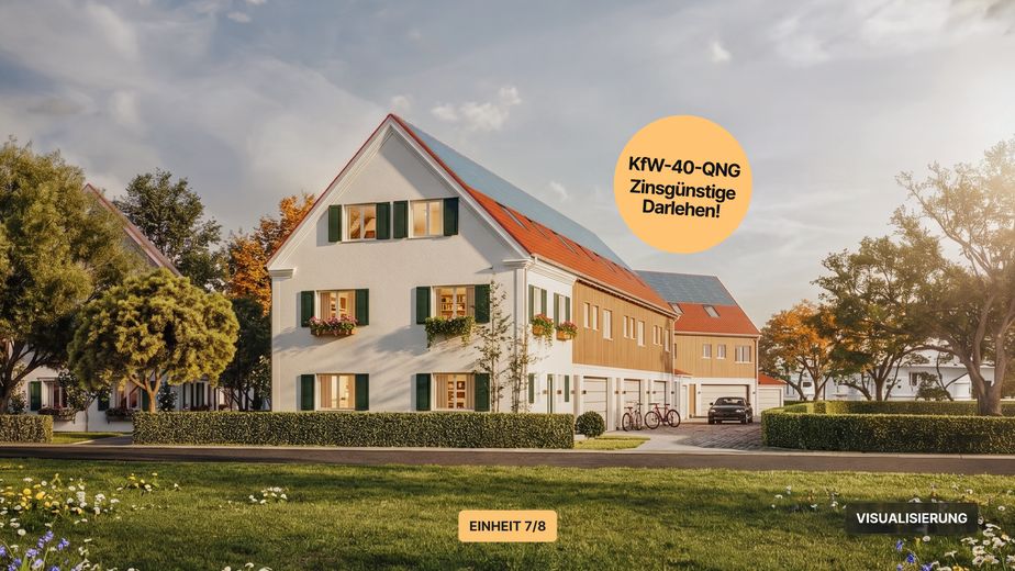 Eenheid 7 – Rijwoning in landelijke stijl met tuin & dubbele garage | KfW-40-QNG, bouw gestart – Visualisierung – Front