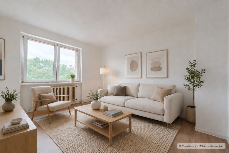 2 Zimmer in Prenzlauer Berg – bezugsfrei, provisionsfrei & renoviert – Wohnzimmer - KI-Möblierung