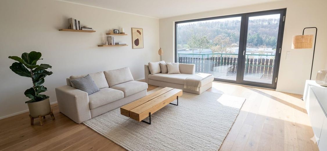 Wohnen mit Charakter: Split-Level-Haus mit viel Platz und mit Blick ins Grüne – Wohnzimmer
