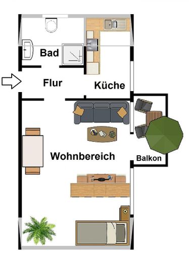 Helle 2-Zimmer-Wohnung mit großem Balkon & moderner Küche – Grundriss