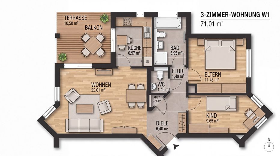 Helle 3-Zimmer-Erdgeschosswohnung mit Terrasse, Garten und Fußbodenheizung, Stellplätze optional – Grundriss, nicht maßstäblich