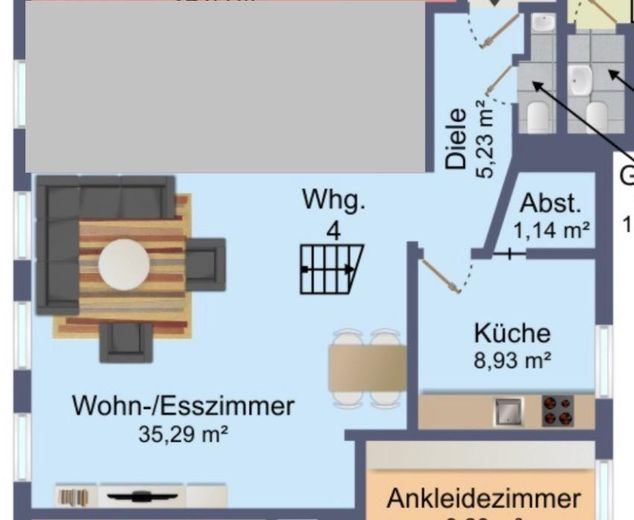 Helle 2-Zimmer-Whg. auf 2 Ebenen – ca. 70 m²–ruhig in Kirchhorst – Grundriss unten