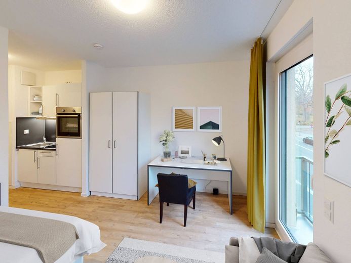 ** Modernes und vollmöbliertes 1-Zimmer-Apartment mit EINBAUKÜCHE, eigenem BALKON und gemeinschaftlicher DACHTERRASSE ** – Ansicht I: Wohn- und Schlafbe…