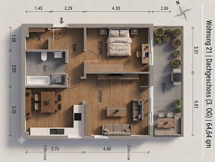 Provisionsfrei: Lichtdurchflutete DG-Wohnung mit 16 m² Dachterrasse, Aufzug & TG-Stellplatz – Grundriss