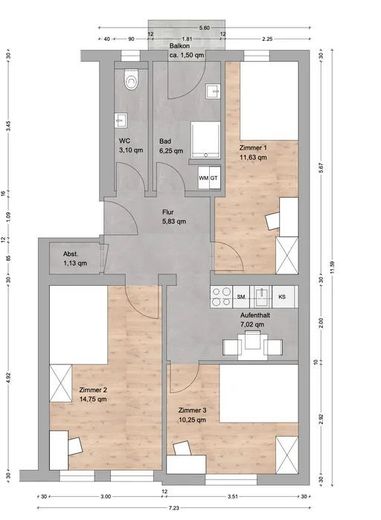 Bella stanza in un appartamento condiviso rilassato - Nürnberg | Anne-Frank-Straße 22 – Grundriss