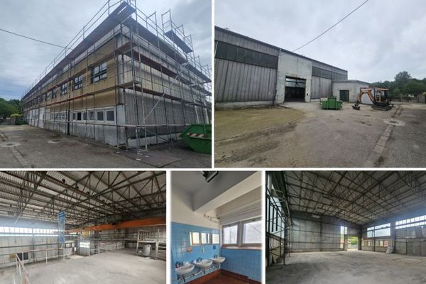 2 capannoni freddi indipendenti, privi di pilastri, in posizione tranquilla, 1 livello uffici/magazzino, ca. 2.500 m² di area esterna possibile.