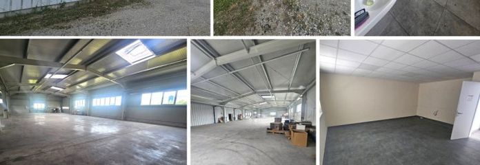 2 Warmlagerhallen mit je eigenen Büro & Sozialtrakt, gr. Rolltore, Löschteich, SP + Freifläche mgl.