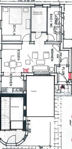 Appartement de plain-pied de 2,5 pièces avec cuisine, salle de bains, terrasse et buanderie – Grundriss der Wohnung mit Terr