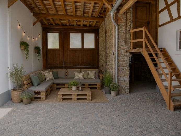 Wohnhaus mit großem Innenhof, Scheune und Nebengebäuden – KI-Bild Hofeinfahrt