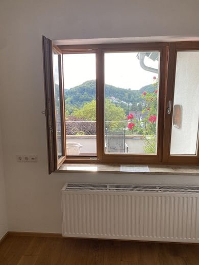 Erstbezug nach hochwertiger Sanierung – schönes Mittelhaus mit Terrasse & Talblick & Carport – Essbereich Ausblick
