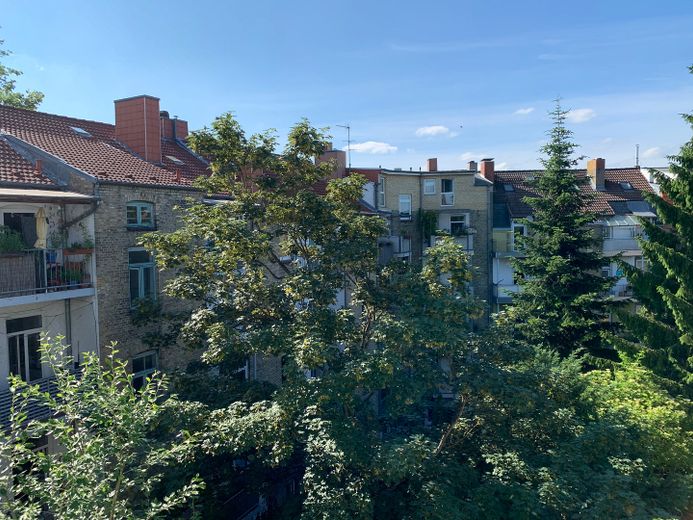 Helle, schöne und gepflegte Altbauwohnung mit Dielenfussboden und Einbauküche – Blick aus der Küche 