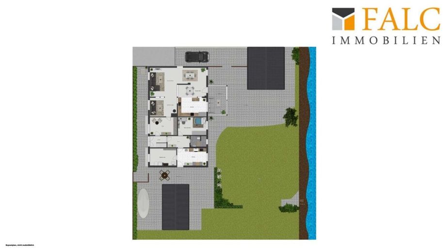 Landhaus am Wasser - inmitten natürlicher Ruhe – Grundriss Erdgeschoss + Garten