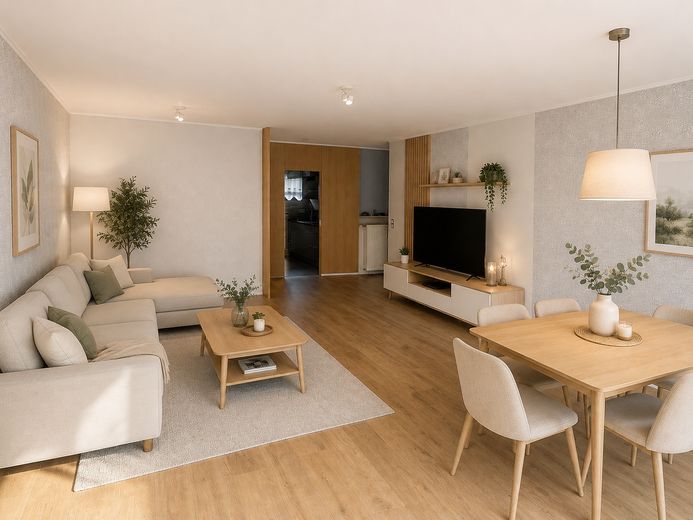 4-kamerappartement op de begane grond met balkon, garage en gebruik van de tuin in rustige ligging, Haibach – Wohnzimmer - Virtuell möbliert