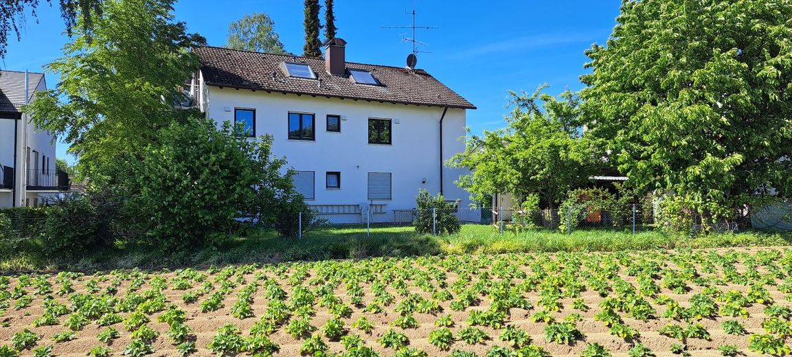 Provisionsfrei! Helle Dachgeschosswohnung mit grossem Garten – Haushinteransicht am Feldrand