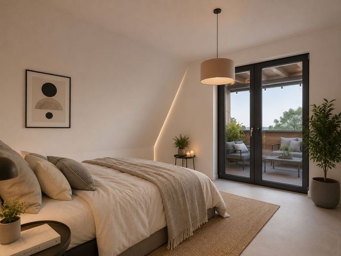 Neubau 2026: Exklusive DG-Wohnung mit 99 m² // 3,5 Zimmer // Loggia &amp; Aufzug in Glessen – KI: Behaglicher Schlafbereich mit harmonischer Atmosphäre (bpsh. visualisiert)