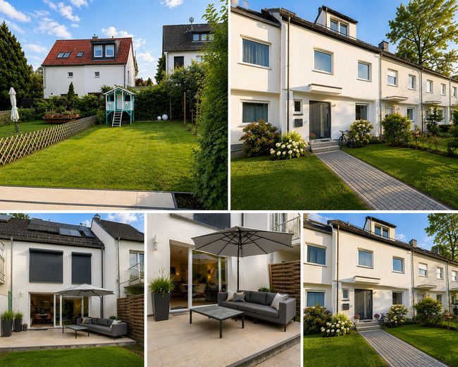 Energetisch kernsaniertes, modernes Reihenmittelhaus (KfW 55) mit Garten, Terrasse & Garage – Außenansicht