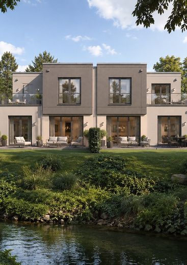 Neubau-Doppelhaushälfte mit ca. 171 m² Wohnfläche, Dachterrasse & Garage – Gartenansicht