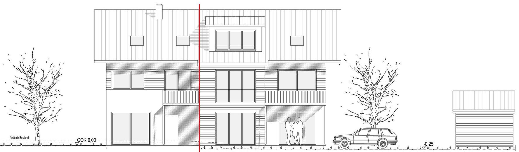 Doppelhaushälfte in Holzmassivbauweise – KfW 40 Plus, ca. 150 m², S/W-Garten & beheiztes KG – Ansicht Osten (DHH links)