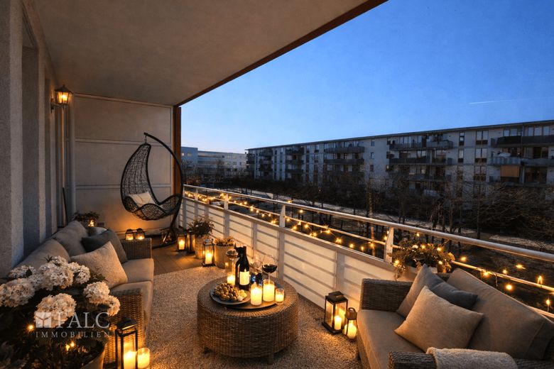 2-Zimmer-Wohnung mit 14 m² Balkon und TG-Stellplatz in Trudering – Loggia Beispiel Abendstimmung