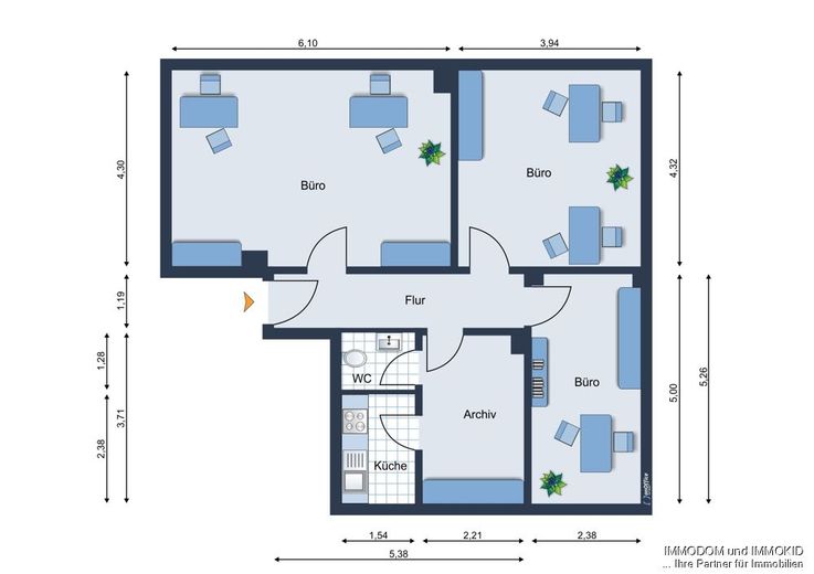 3-Zimmer-Büro mit Möblierung &amp; Einbauküche in Zwickau, verkehrsgünstige Lage, zu vermieten! – Grundriss