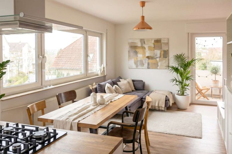 Charmante 2-Zimmer-Wohnung in Frankfurt-Bornheim - 5. Obergeschoss, Aufzug, Balkon &amp; Ausblick – Beispiel-Visualisierung mit offener Küche 1