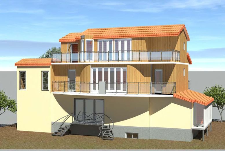 Mehrgenerationenhaus 371 m², Waldidyll am Flughafensee + Aufstockungspotenzial um 155 m² – Ansicht Garten Aufstockung