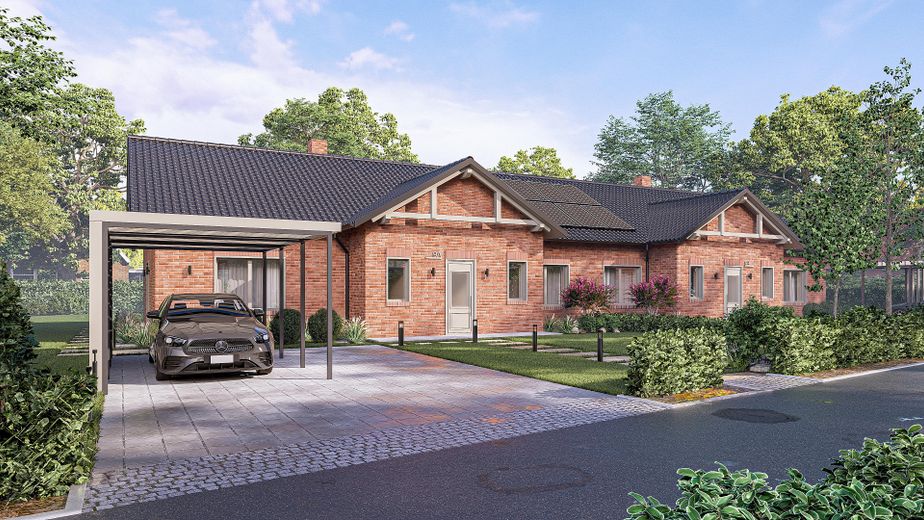 Demi-maison bungalow haut de gamme avec cuisine équipée et sauna – situation attractive et calme à Barum – Aussenansicht Eingang links 