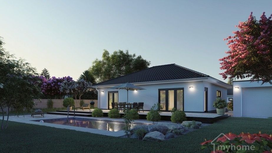 Bungalow in Massivbauweise provisionsfrei vom Bauträger - Bezug in 2027 – Hausansicht Bungalow 118