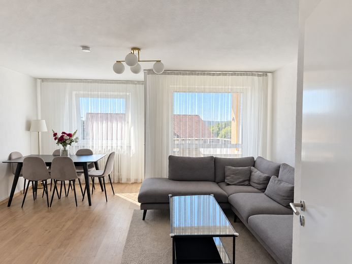 Appartement rénové lumineux de 3 pièces avec balcon à Pfullendorf – Wohnzimmer mit Balkonzugang