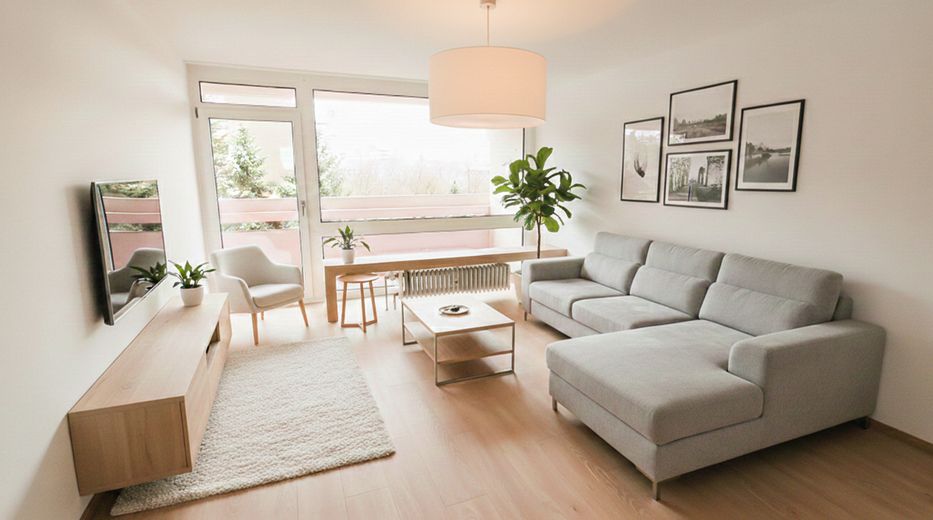 Bezugsfrei ab August: Direkt am Olympiapark – 3-Zimmer-Wohnung mit Südbalkon & TG in Schwabing-West – Wohnzimmer (virtuell möbliert)