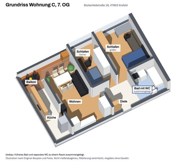 Yeni yenilenmiş 3 odalı kat mülkiyetli daire, 75 m², 7. kat, balkonlu, tamamen mobilyalı, 145.950 € – 3D-Grundriss