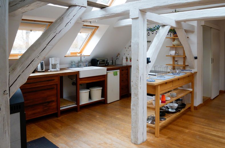 Landhaus unter Reet am See, Gästewohnung, Stallungen, Weiden und Wald. – Ferienwohnung Küche