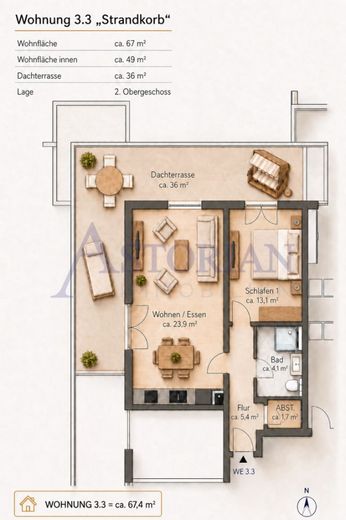 Meerblick-Penthouse mit direktem Strandzugang und separater Gästewohnung – Grundriss  Strandkorb