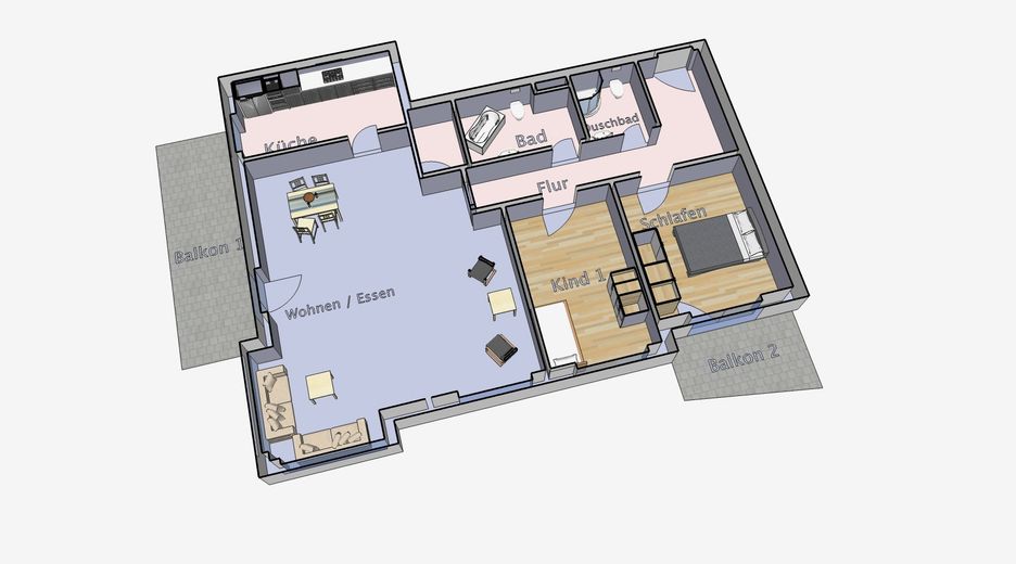 Grundriss 3D - 3 Zimmer