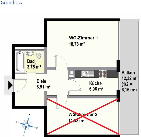 WG-Zimmer(!) ca. 19 qm [shared app.] in voll möblierter 59 qm 2-Zi-Whg. / hochwertige Ausstattung – Zimmer Nr. 1 verfügbar