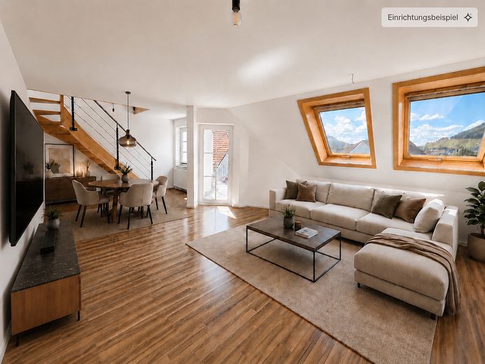 Modernisierte, helle 3 Zimmer DG-Maisonette-Wohnung mit EBK, Balkon, Stellplatz – Beispiel Wohn- und Esszimmer